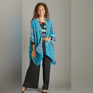 Cool Waters Vibrant‎ Blue Paisley Boho Fringe Kimono One Size Fairy Lagenlook